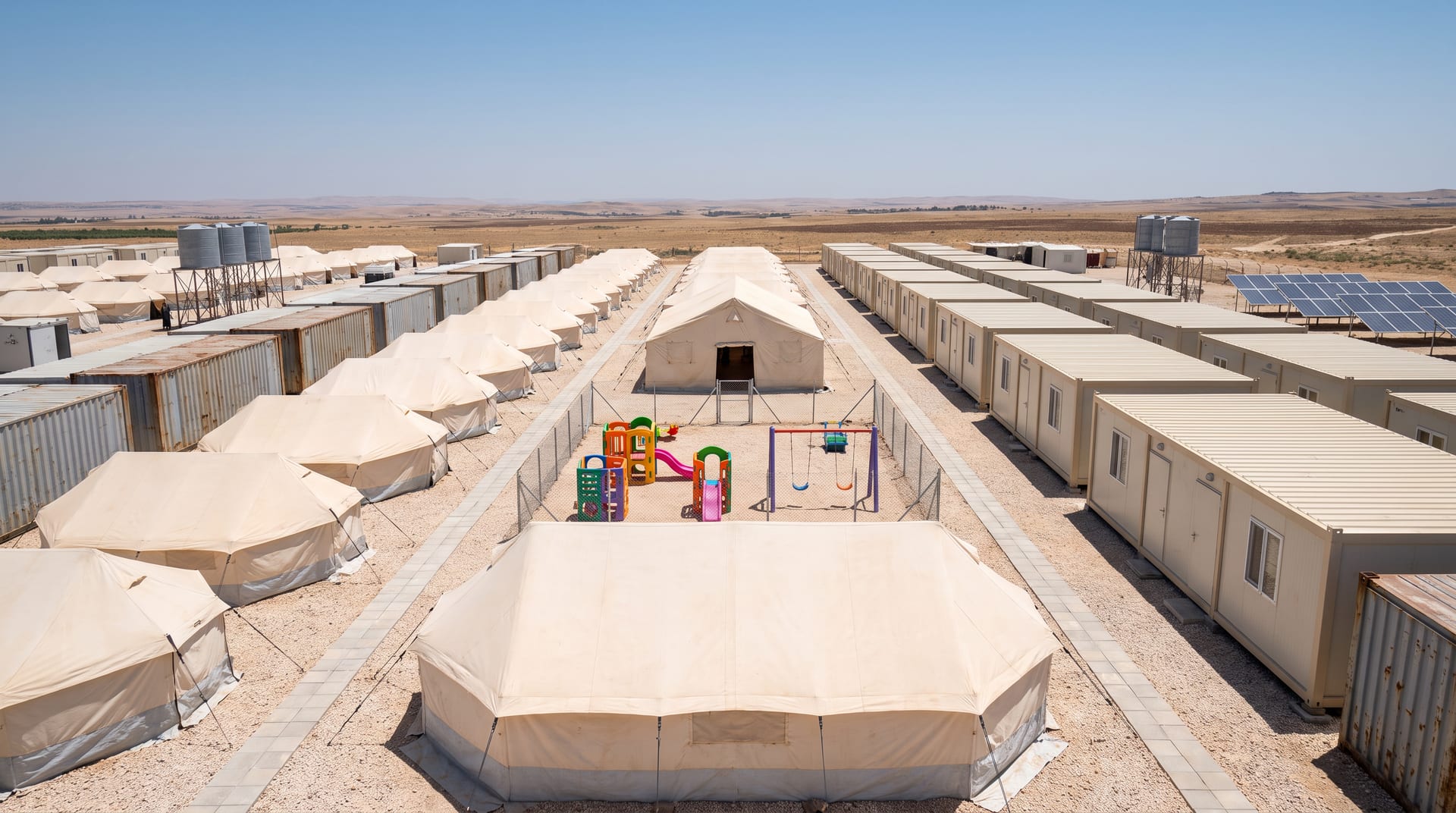 Model humanitarian shelter camp with tents, sanitation units and water infrastructure